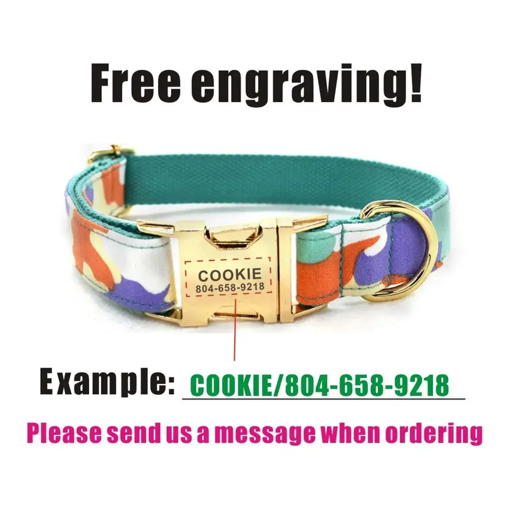 Personalized Dog Collar with Free Engraving, Matching Pet Leash,Customzied Contacts Metal Buckle,Camouflage Puppy Collar