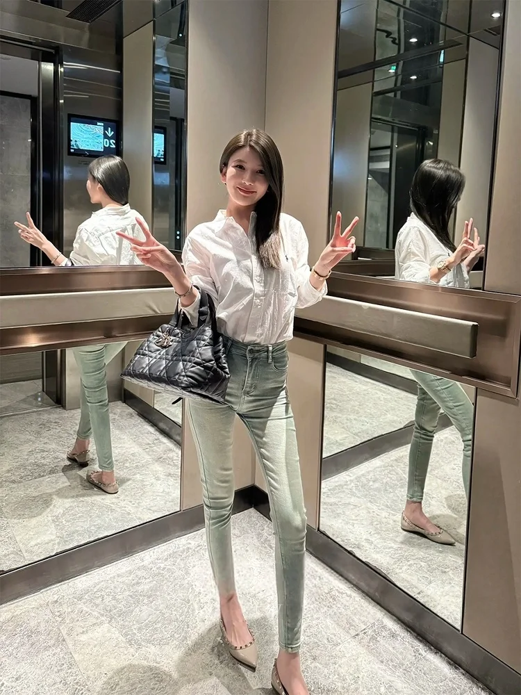 

High Waist Stretchy Slimming Pencil Jeans Women's Blue High Waist Elastic Hip Enhancing Casual Sle Nine Points Zipper