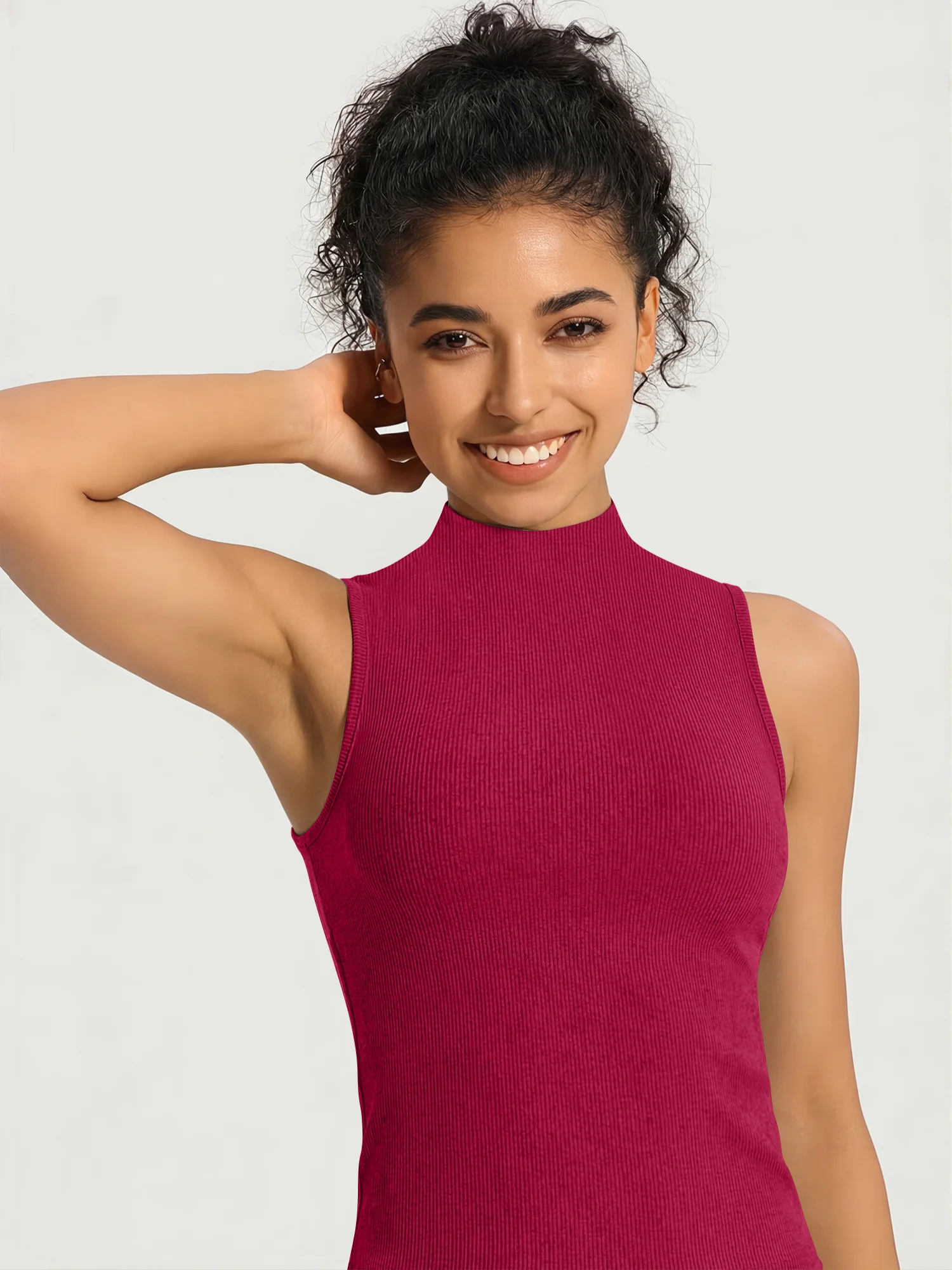 Mock Neck Sleeveless Ribbed Tank Top, Slim Fitted Athletic Vest for Yoga Running Workout