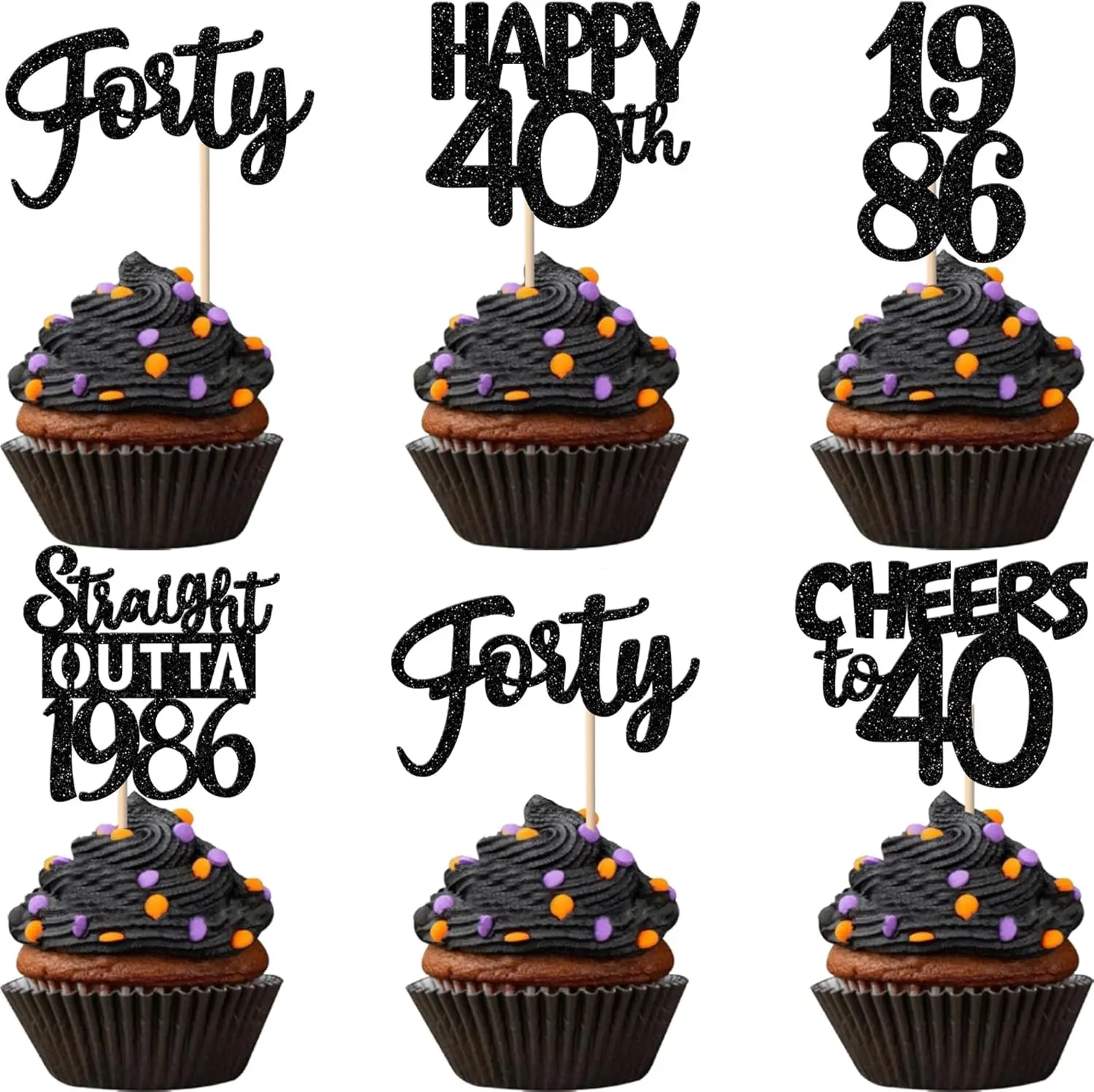 Schwarze Cupcake-Topper zum 40. Geburtstag, Glitzer „Forty Happy 40th Straight Outta 1986“, Cupcake-Aufsätze für „Cheers to 40 Years 40th“