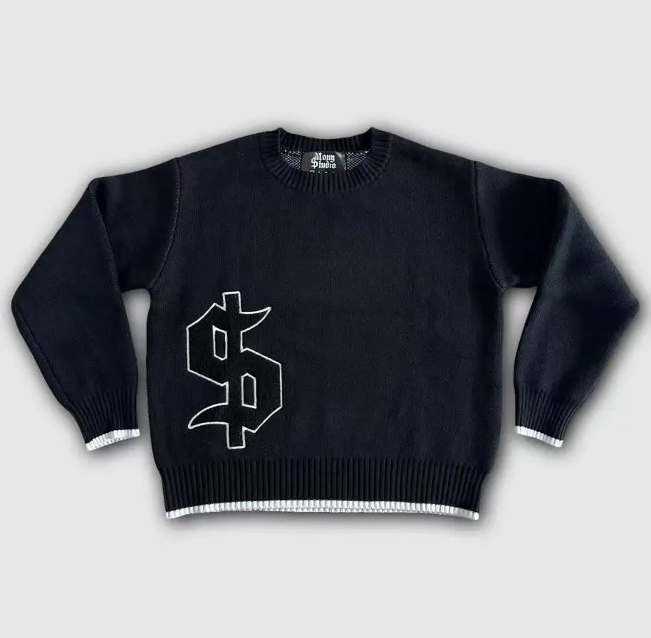 Y2K رمادي كم طويل سترة الدولار القوطية التطريز البلوز القوطي الرجعية ملابس الشارع الشهير المال القديم الرجال Boxy محبوك الملابس #1