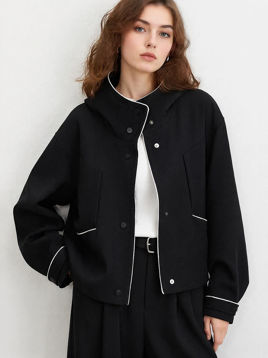 

2026 Autumn Winter Women Jacket Hooded Contrast Piping Button Front Cropped Coat Casual Streetwear Outerwear