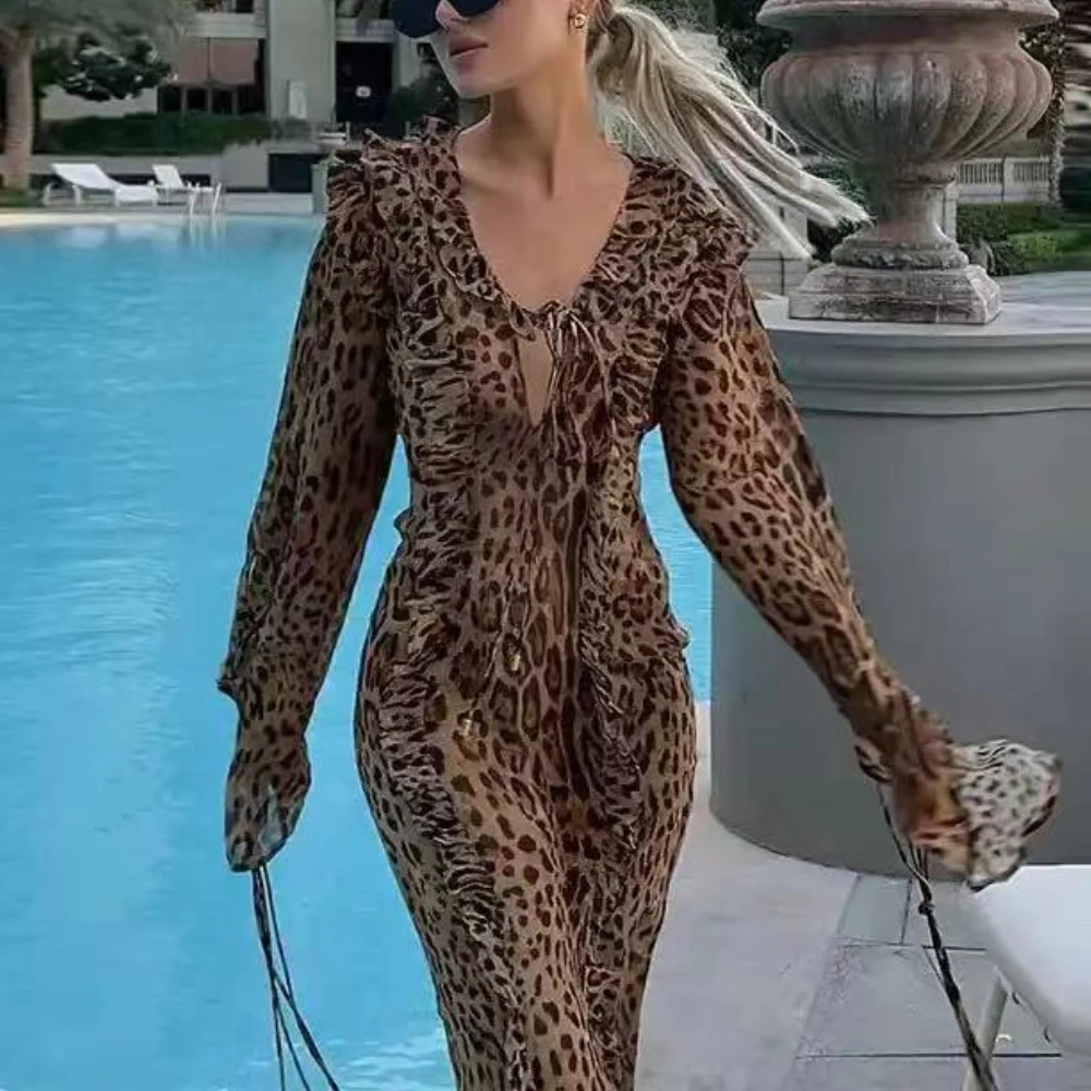 TWOTWINSTYLE Sexy Chiffon Leopard Printing Dress for Women V Neck Long Sleeve Patchwork Lace Up Split Evening Club Maxi Dresses