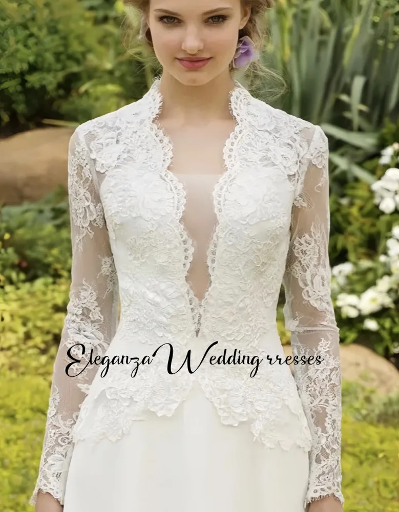 Customized Elegant Long Sleeve Wedding Dresses A-Line V-neck Lace Satin Bridal Gowns Floor Length Gorgeous
