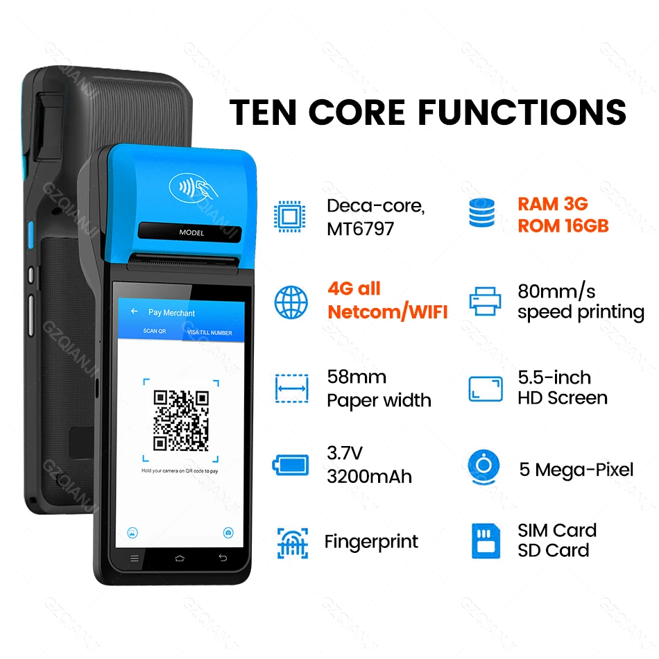 4G Android  PDA e-Boleta SII Sistema Maquina Recibo Boleto Thermal Printer Wireless Handheld POS Printer Barcode Scanners 2D NFC