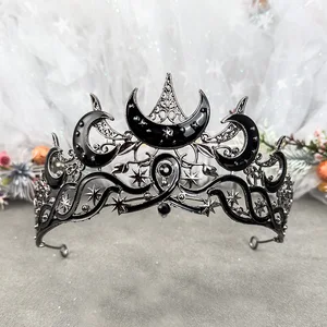 Tiara Bulan Hitam Gotik Mahkota Ratu Gelap untuk Wanita Topi Baja Bintang Langit Barok Cosplay Antik Aksesori Pesta Pernikahan Halloween 12 mahkota tiara hitam terlaris - №