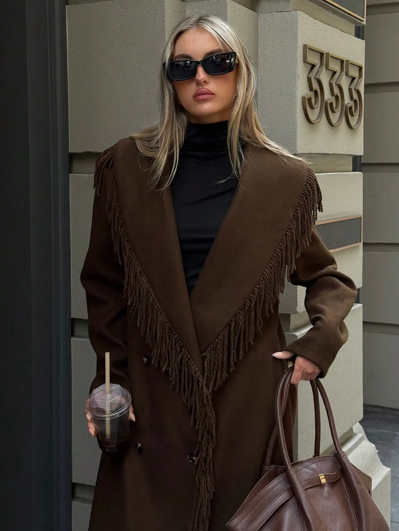 

Women's Brown Wool Blend Long Coat with Fringe Detail, Retro Bohemian Style Winter Outerwear