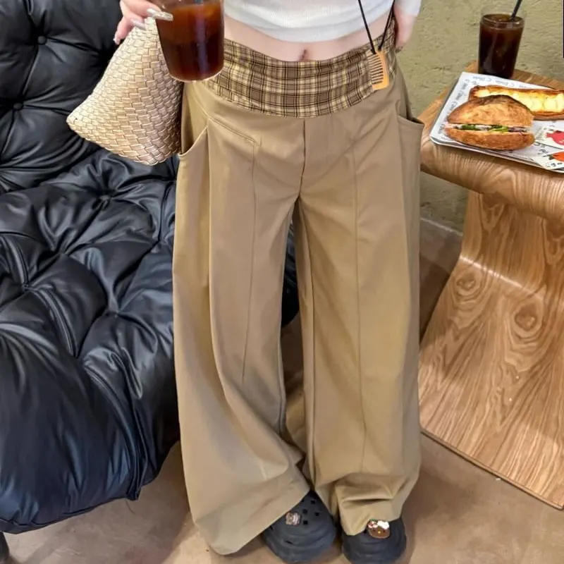Fashion Vintage Plaid Patchwork Casual Pants Spring Autumn American High Waist Female Clothing Wide Leg Loose Pockets Trousers