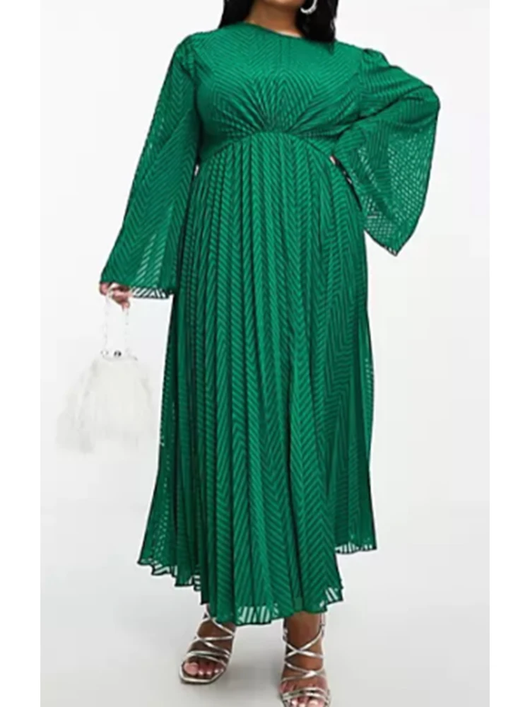 Women Plus Size Dress Ruched Solid Flare Sleeve Elegant Party Club Evening Long Dress Long Sleeve Fashion Casual Pleated Dresses