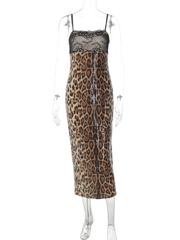 Vestidos de Noche por debajo de la rodilla con lentejuelas y retales de encaje para mujer, vestido elegante sin mangas con estampado de leopardo y espalda descubierta, vestido ajustado para fiesta y discoteca