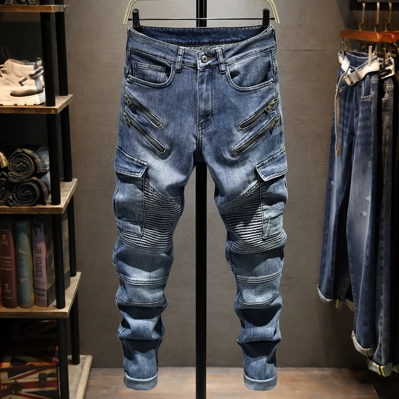 

Street Designer Fashion Men Jeans Retro Blue Stretch Slim Fit Multi Pockets Denim Cargo Pants Men Y2K Hip Hop Biker Jeans Men