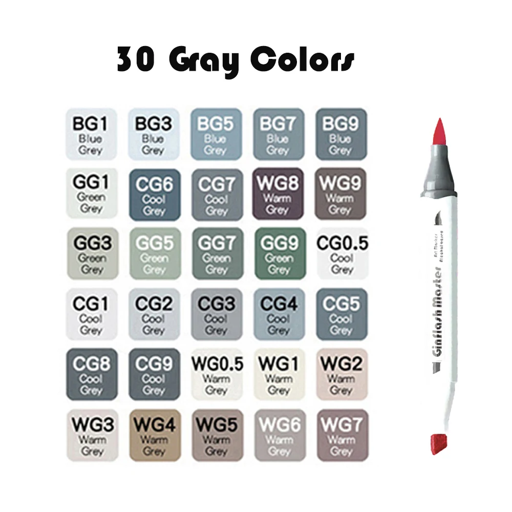 Ginflash Brush&Chisel 30Colors Gray Tone Set Matching Art Markers Brush Pen Sketch Alcohol Based Markers Dual Tip Art Supplies