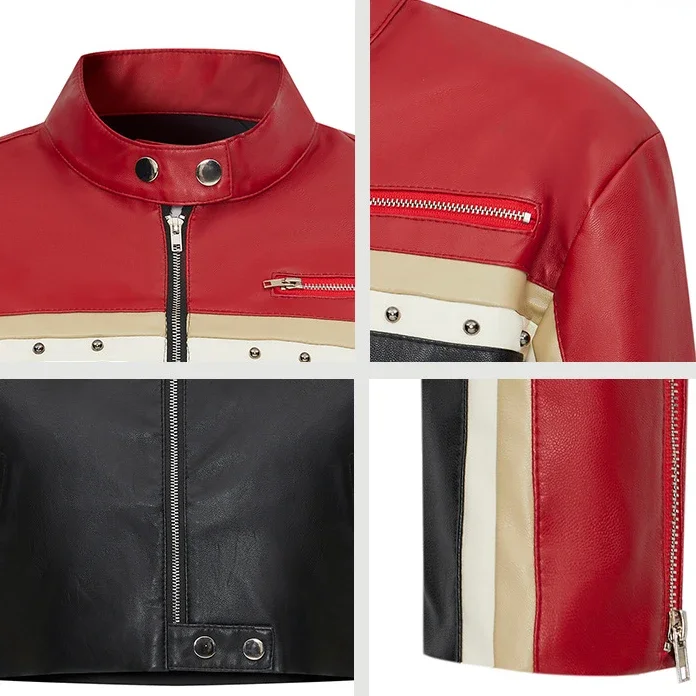 Nowa wiosna jesień moda damska Punk Biker Core Color Block Zipper Studded Detail Crop PU Leather Jacket Y2K Short Outerwear