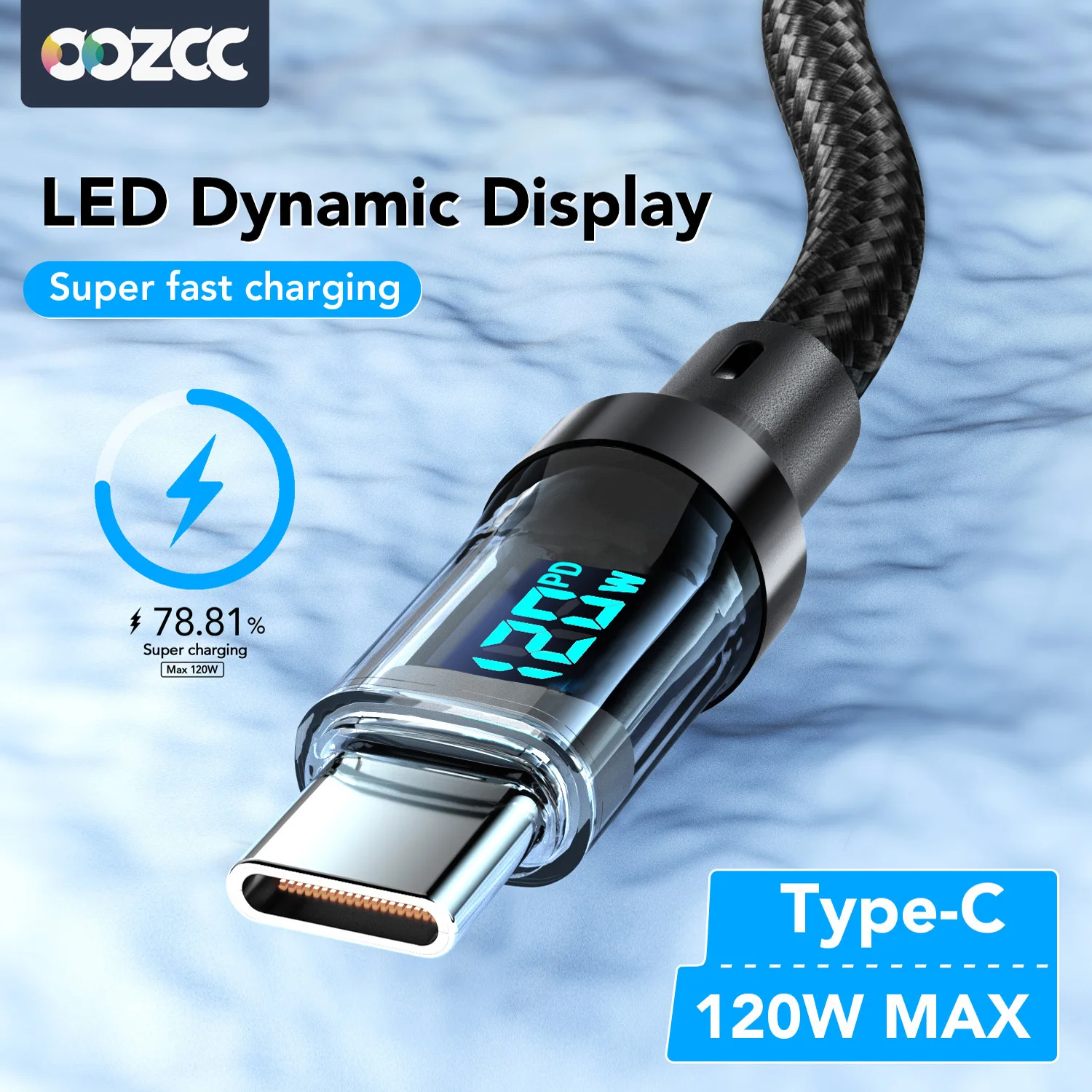 Oozcc 120W MAX 6A Fast Charging LCD Dynamic Display Cable, USB-A to Type-C PD Cable Nylon Data Sync, Compatible for Samsung, Pho