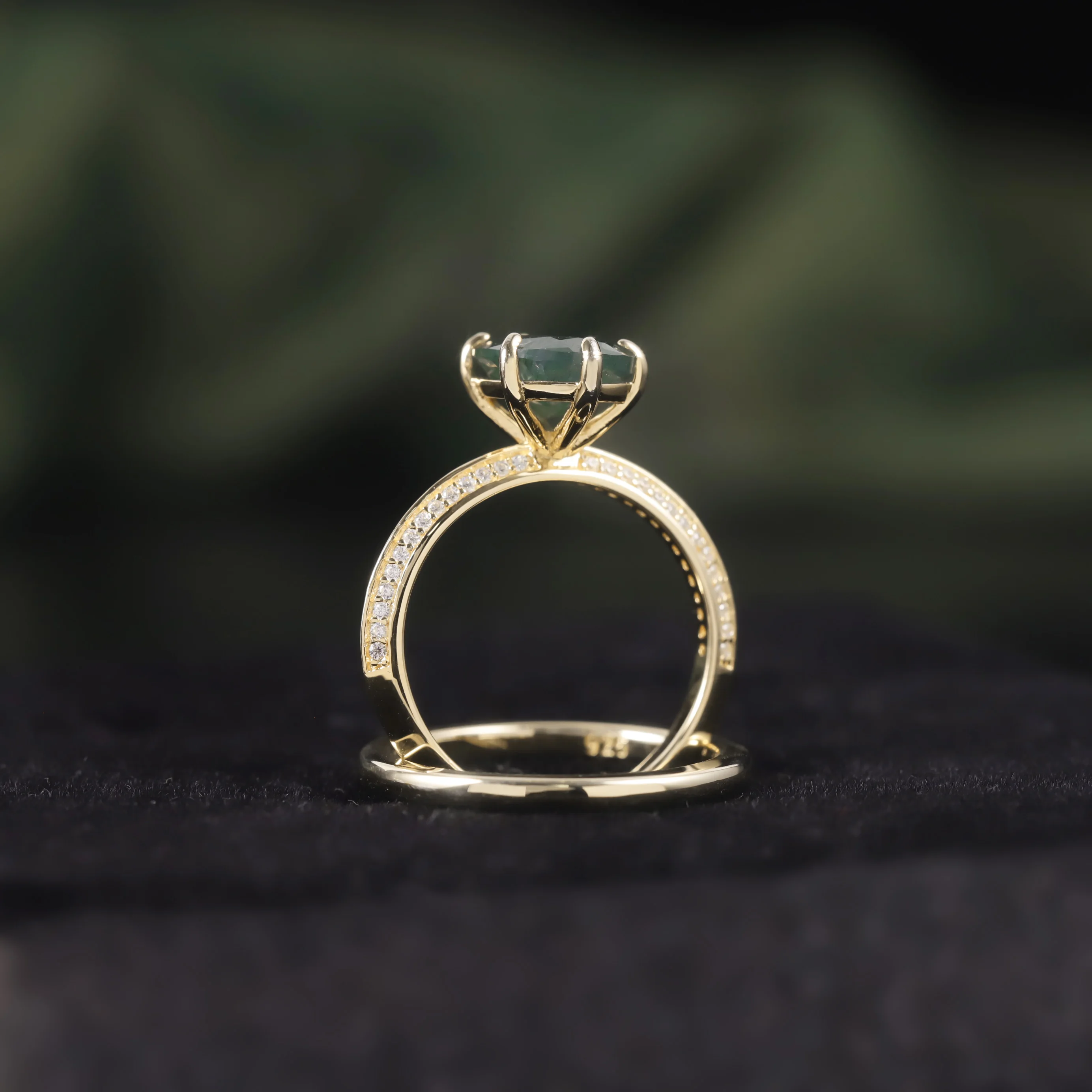 GEM'S BALLLET Unique Moss Agate Engagement Ring Set 925 Sterling Silver Stacking Solitaire Wedding Band 2pcs Bridal Ring Set