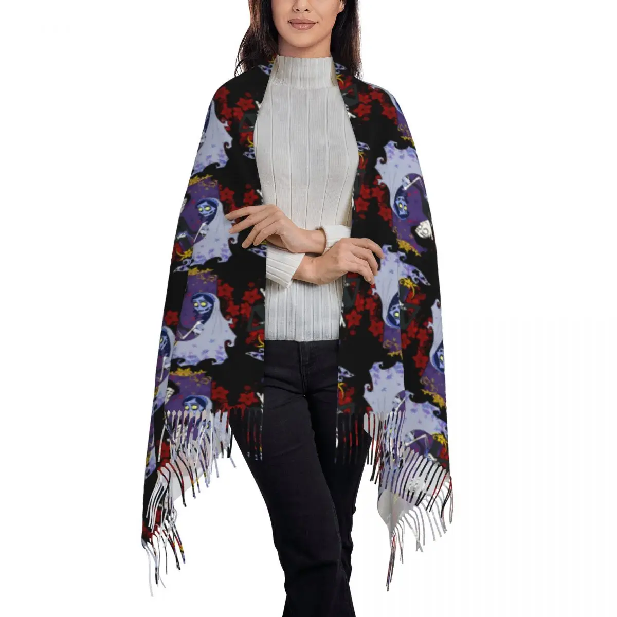 Halloween Film Corpse Bride Ghost Tim Burton Scarf Tassel Scarves for Women Soft Warm Shawls and Large Fall Winter Shawl Wraps
