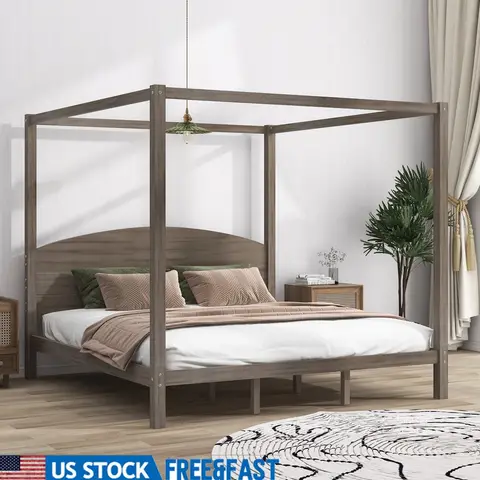 Wood Canopy Bed Frame King Size Sturdy Platform Bed Solid Pine Construction Elegant Design Easy Assembly Kids Teens Adults