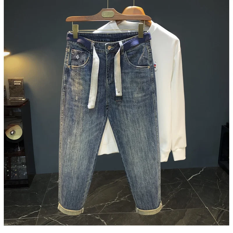 

2025 элитные джинсы в стиле ретро, свободные трендовые осенние американские микрошаровары, мужские брюки, модные повседневные