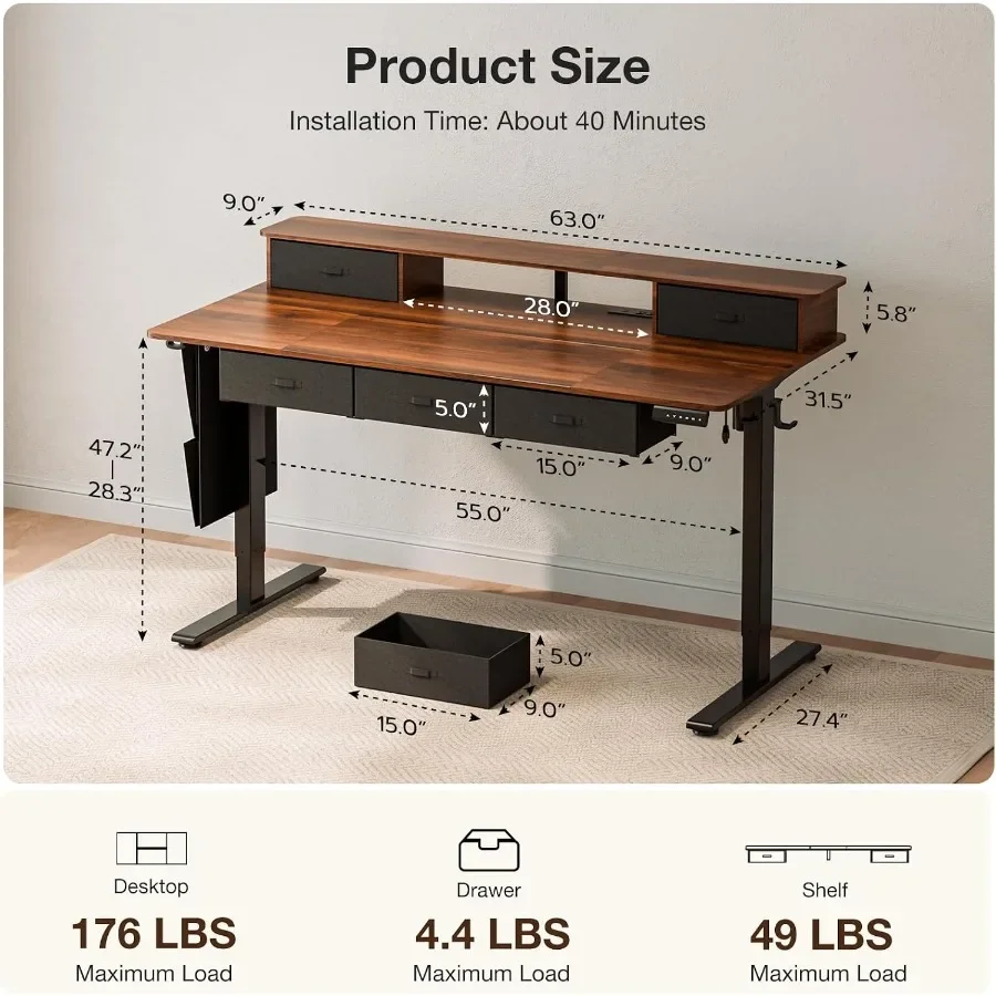 ch Electric Standing Desk with 5 Drawers, Sit Stand Desk with Power Outlets, Monitor Shelf, LED Light and Cable Management, Hei