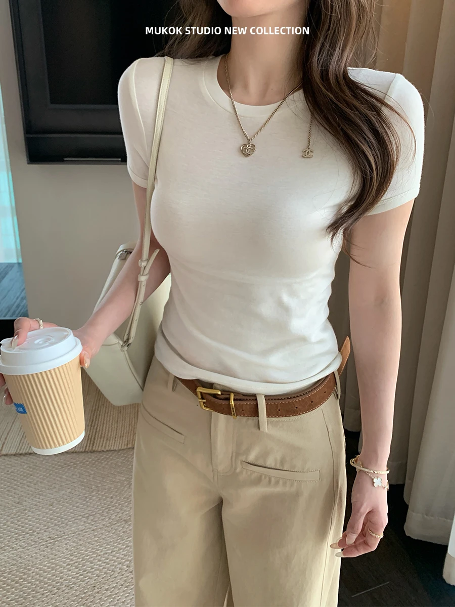 

MUKOK Women's Woolen ort Sve T-irt round Ne Casual Sle Spring Summer New Faion Slim Fit ort Length Top