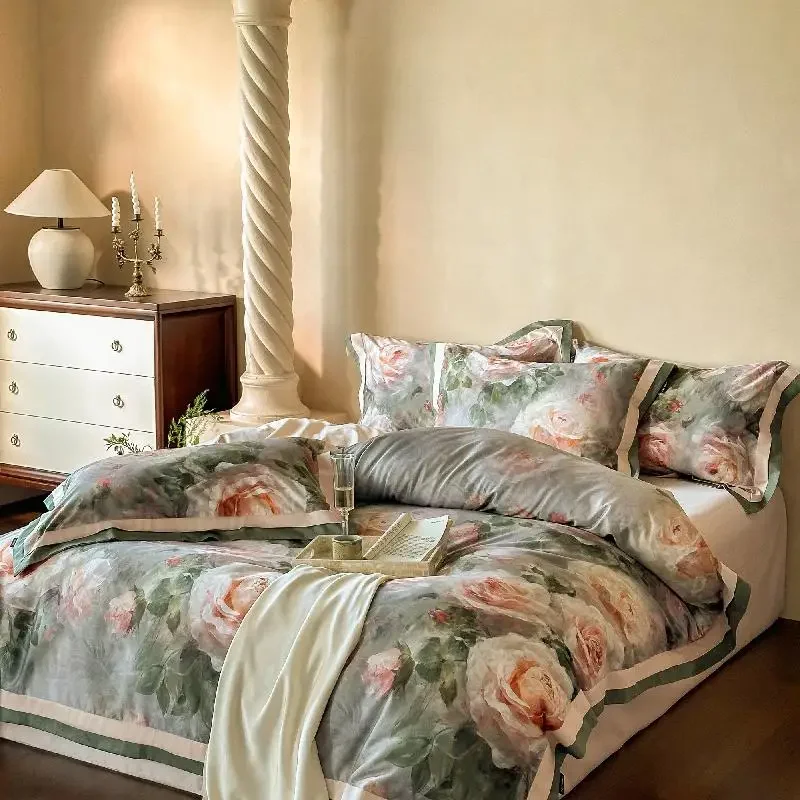 Svetanya Romantic Rose Oil Printing Bedding Set Egyptian Cotton Bed Linens 4in1 Duvet Cover Sheet Pillowcases Underwear