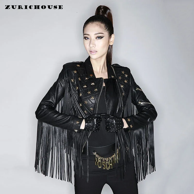 

ZURICHOUSE 2024 Leather Jacket For Women Fashion Tassel Rivet Slim Short Biker Coat Female Punk Style Faux Leather Jackets