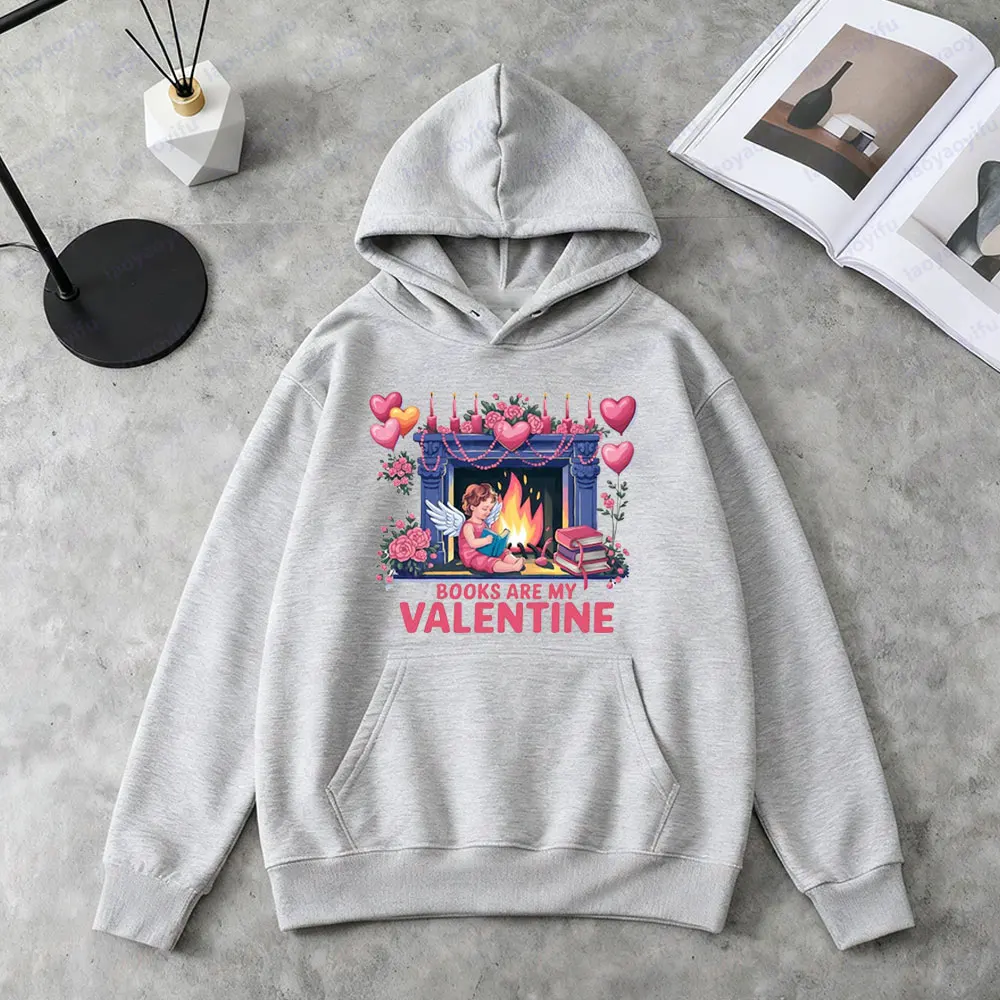 책은 나의 발렌타인입니다 레트로 발렌타인 데이 후드티 귀여운 큐피드 재미있는 커플 스웨트셔츠 여성 캐주얼 가을 겨울 의류