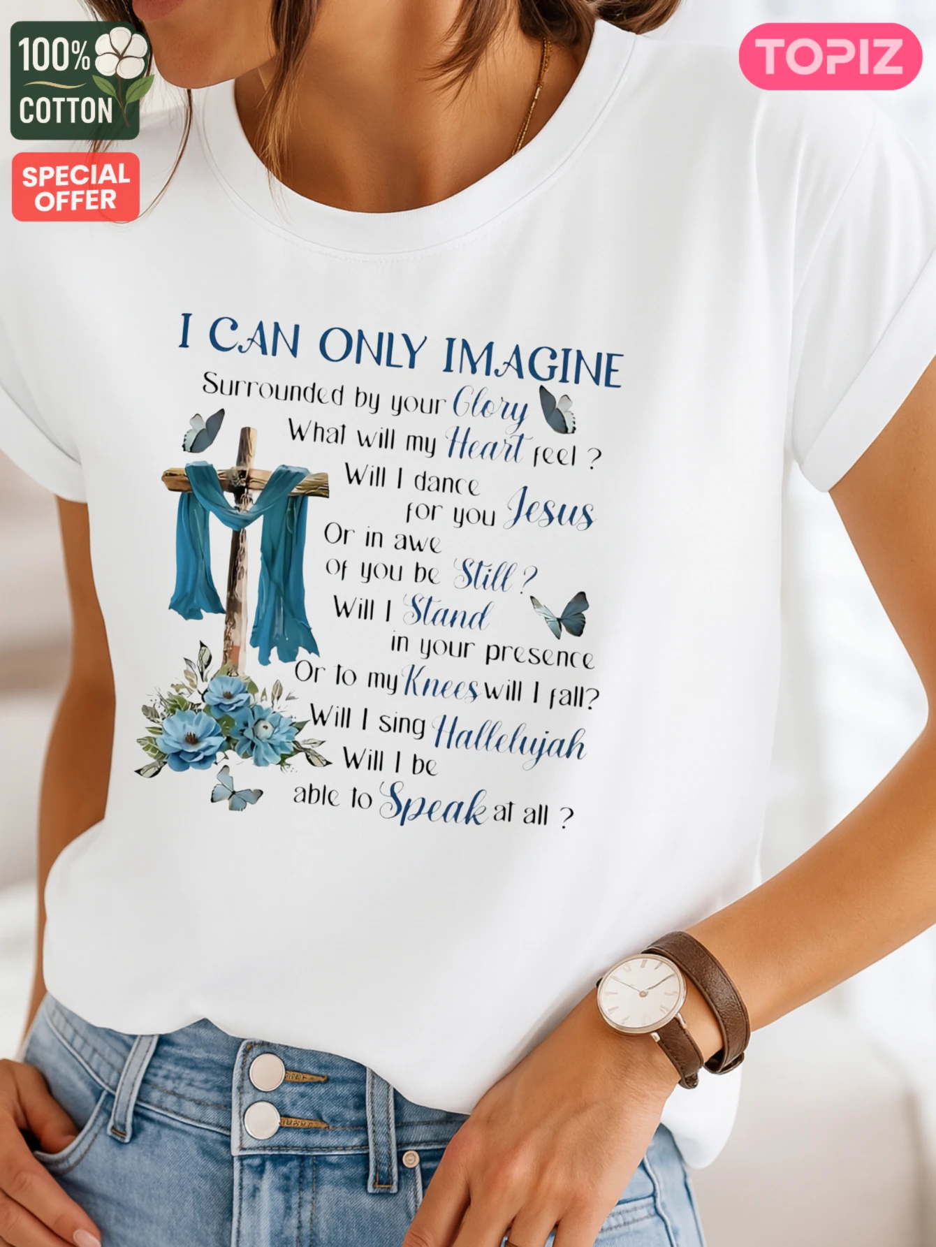 تي شيرت نسائي قطعة واحدة، قميص كاجوال بأكمام قصيرة ورقبة دائرية، تي شيرت جرافيك، يمكنني فقط تخيل صليب يسوع، قميص لجميع القديسين #2