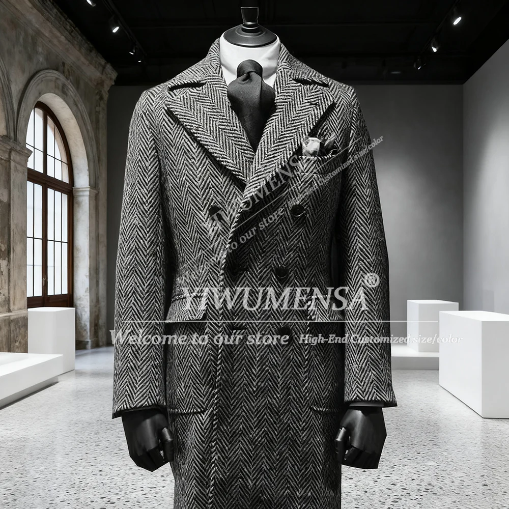 

Formal Suit Jackets Men Double Breasted Overcoat Long Trench Coat Tweed Wool Blend Grey Herringbone Abrigos Hombre Invierno 2026