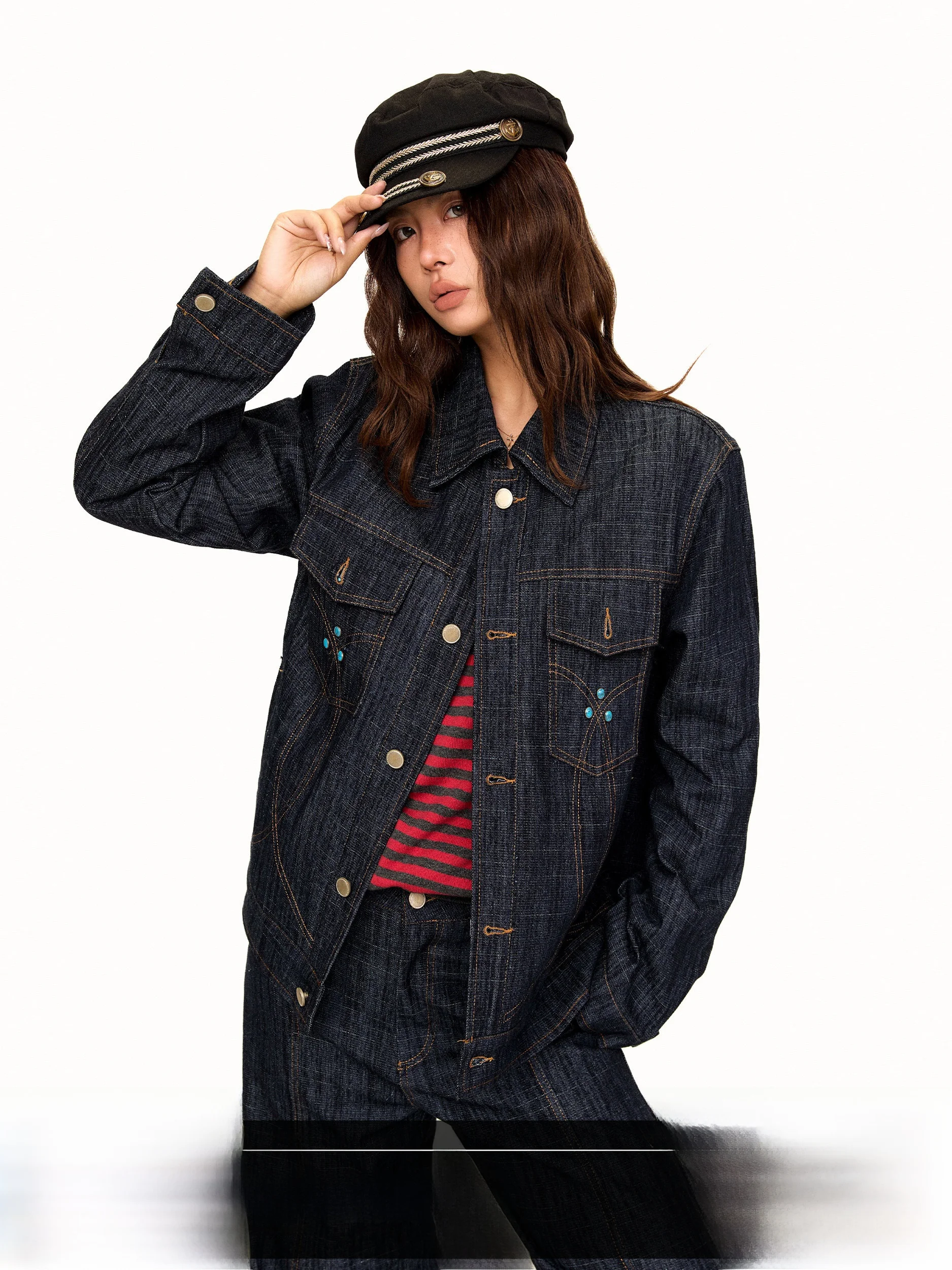 Street Style Women's Denim Jacket Embroidered Turquoise Patchwork Deconstructed Jacket Cotton Long Sleeve Warm Outerwear