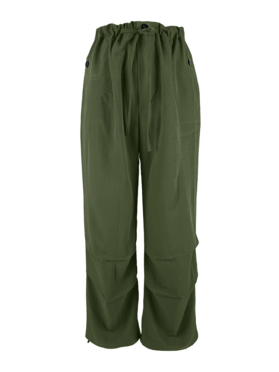 Damen Baggy Cargo Hosen Y2K Armeegrün Fallschirmhosen mit Kordelzug Hohe Taille Weites Bein Streetwear Übergroß Vintage Lässig – Detail 5