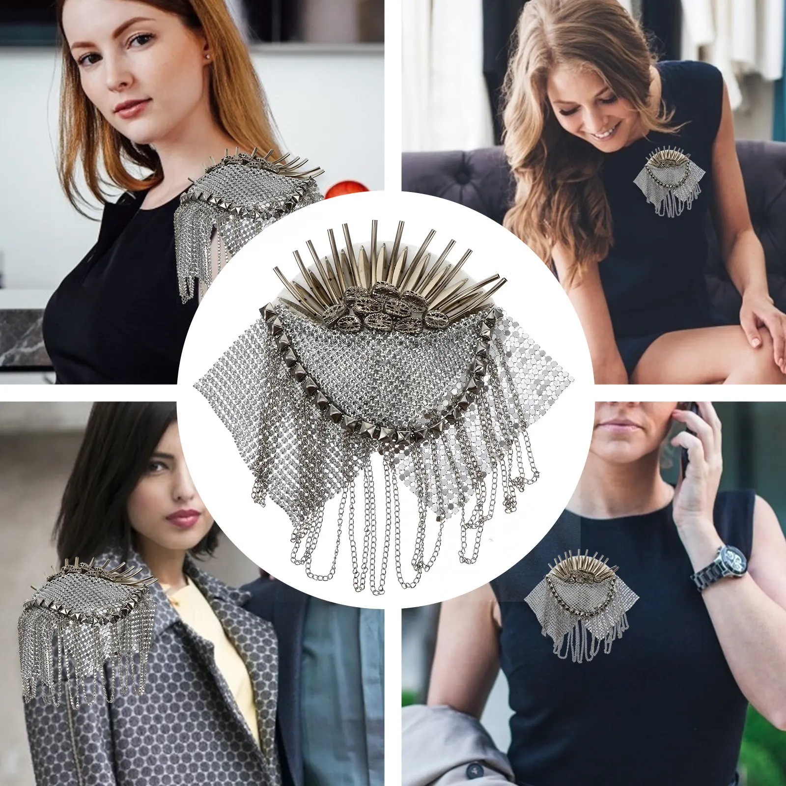 1Pcs Fashionable Tassel Brooch Shoulder Epaulet Vintage Alloy Badge for Clothing Bags Stage Suits Jackets Accessories Silver