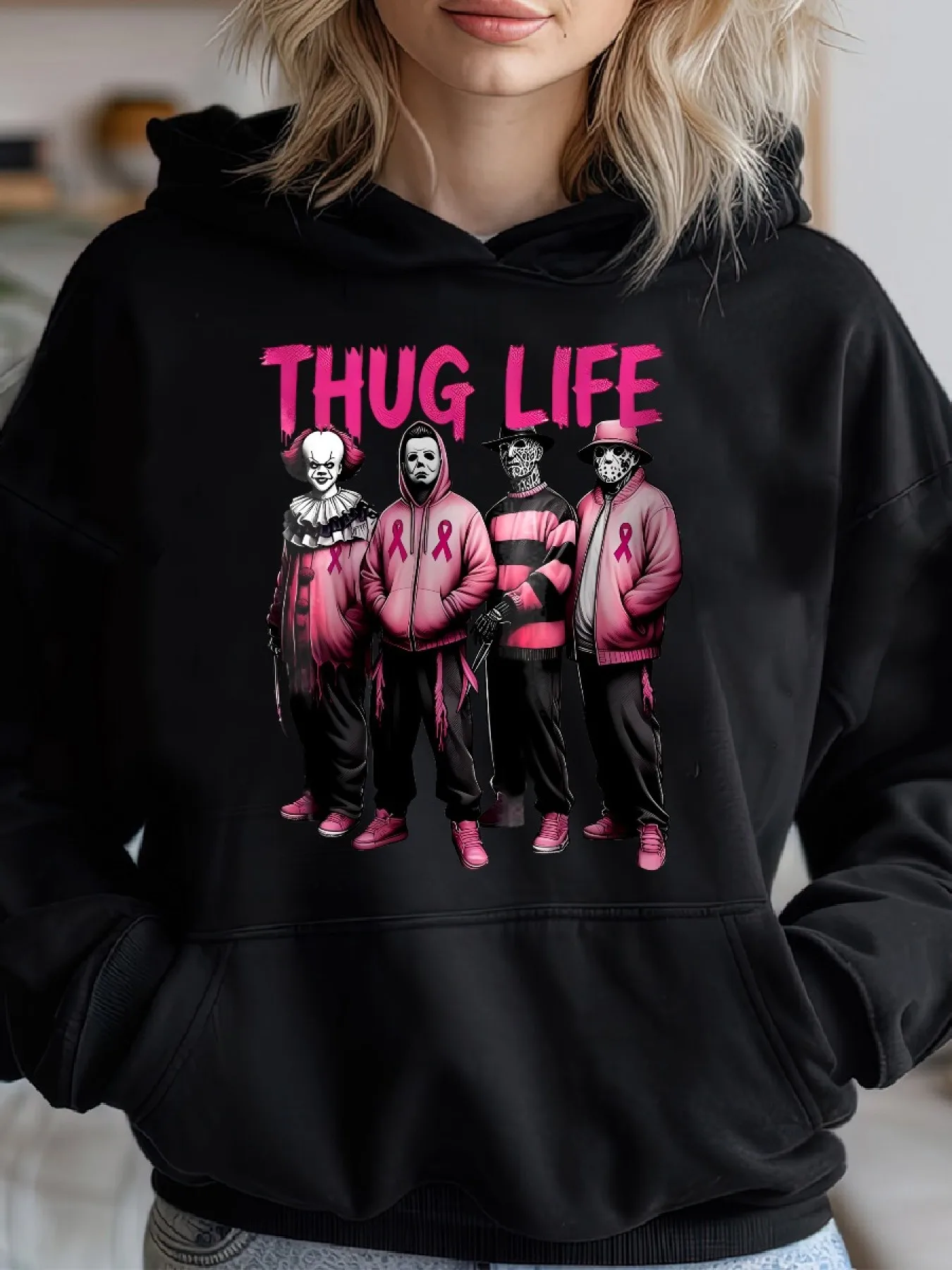 

Thug Life фильм ужасов с графическим принтом, осенне-зимняя хлопковая толстовка с капюшоном, уличная спортивная тренировка, брендовая верхняя одежда