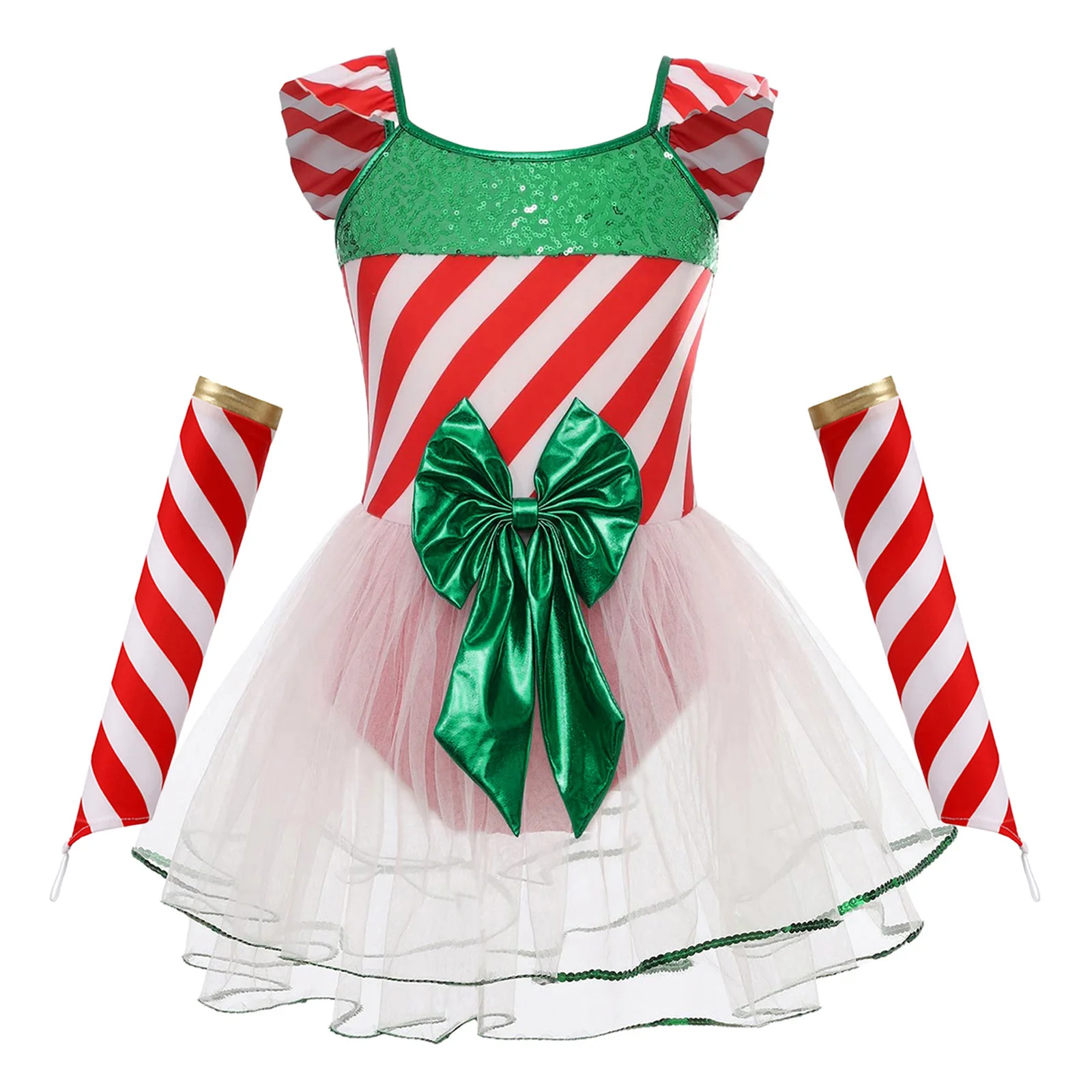 

Kids Girls Santa Christmas Costume Set Sequin Stripes Bowknot Mesh Tutu Leotard Dress with Oversleeves for Xmas Carnival Party