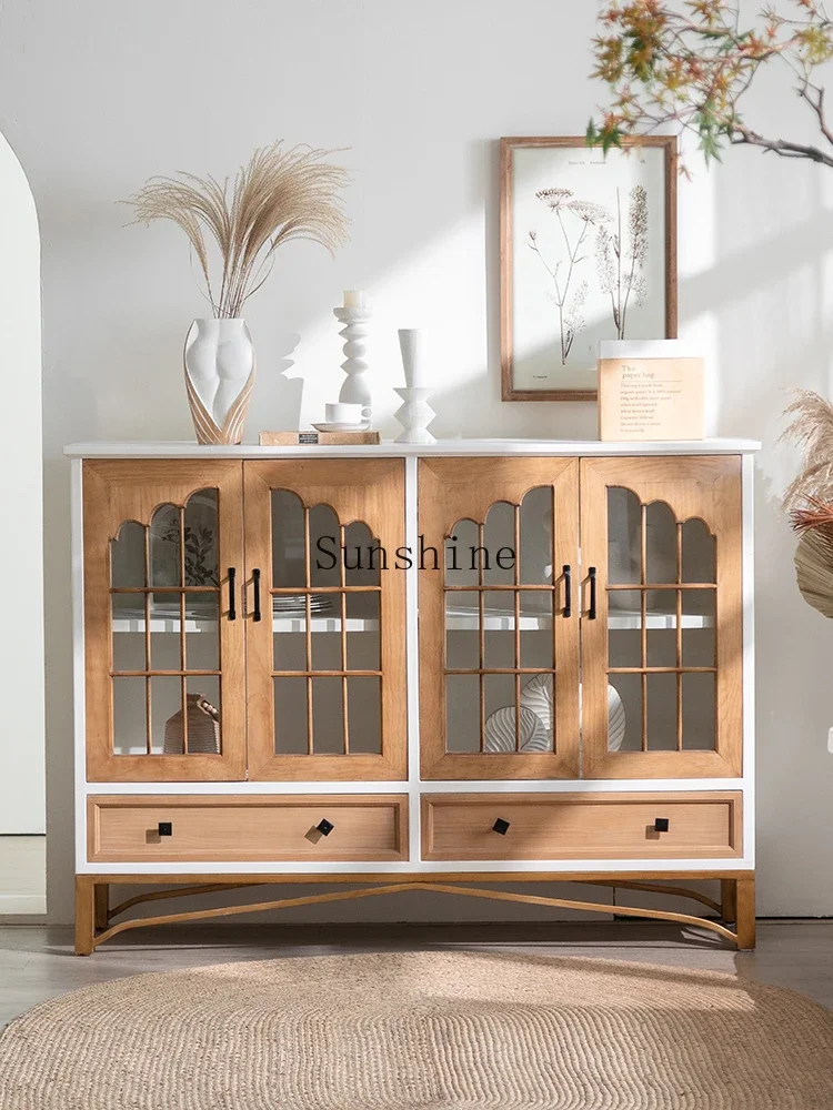 French solid wood dining side cabinet log wind half height multi-layer storage living room retro entrance cabinet