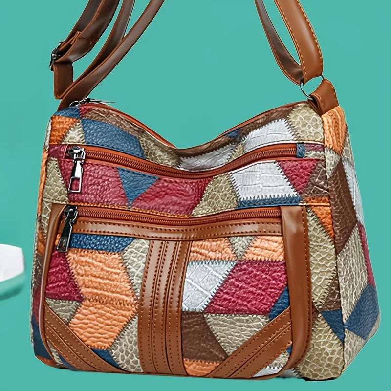 

Chic Crossbody Bags for Women Stylish Stitching, Geometric Pattern, Multi Compartment Design with Zipper Closure, Travel Purse