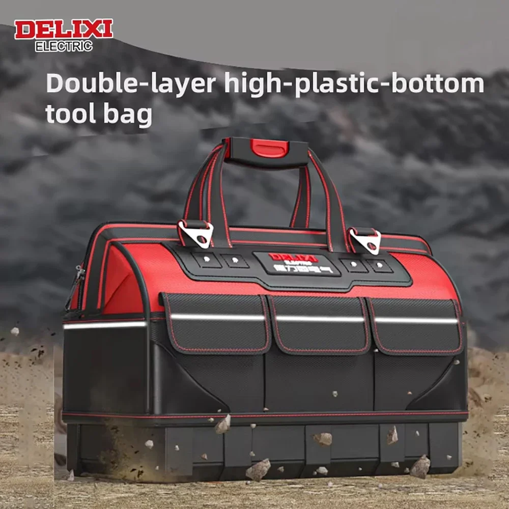 DELIXI Professional Electrician Tool Bag - 1680D Heavy-Duty Nylon with Plastic Base Reflective Safety Strips for Organizing Tool