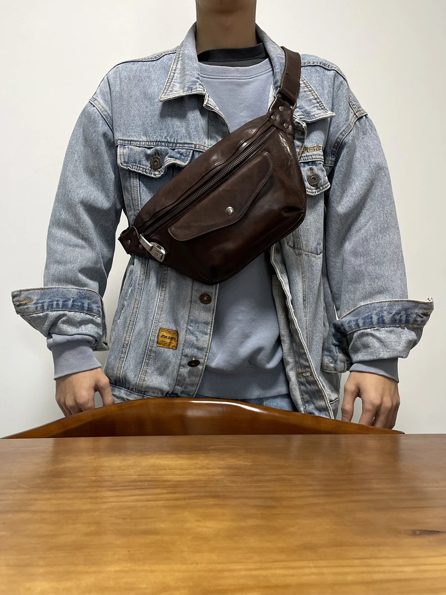 

PNDME organizers designers handmade genuine leather men's chest bag fashion casual luxury real cow leather sports crossbody bag