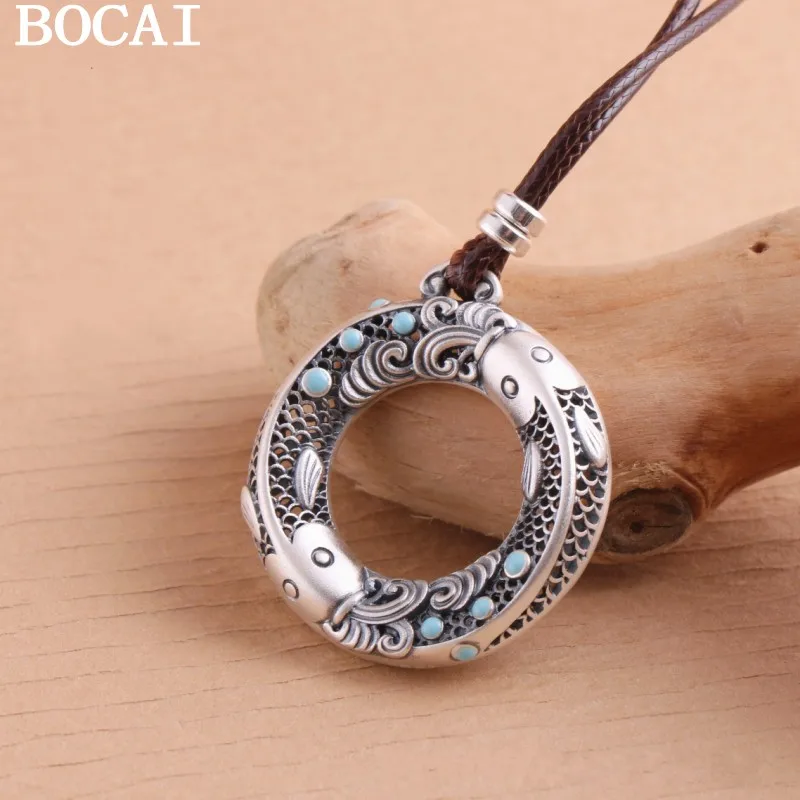 

BOCAI NEW S999 Pure Silver Personalized Chinese Style Burned Blue Pisces Safety Buckle Pendant