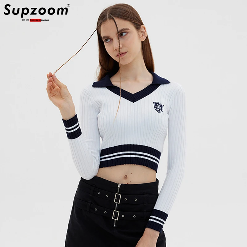 Supzoom 2022 New Arrival Top Fashion Spring And Autumn Women Slim College Preppy Style V-neck Short Full Female Knitted Sweater 