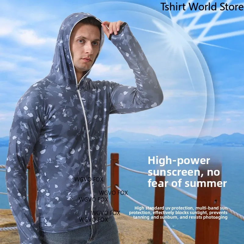 

Мужская плотная быстросохнущая рубашка с длинным рукавом и солнцезащитным капюшоном для рыбалки с принтом на открытом воздухе