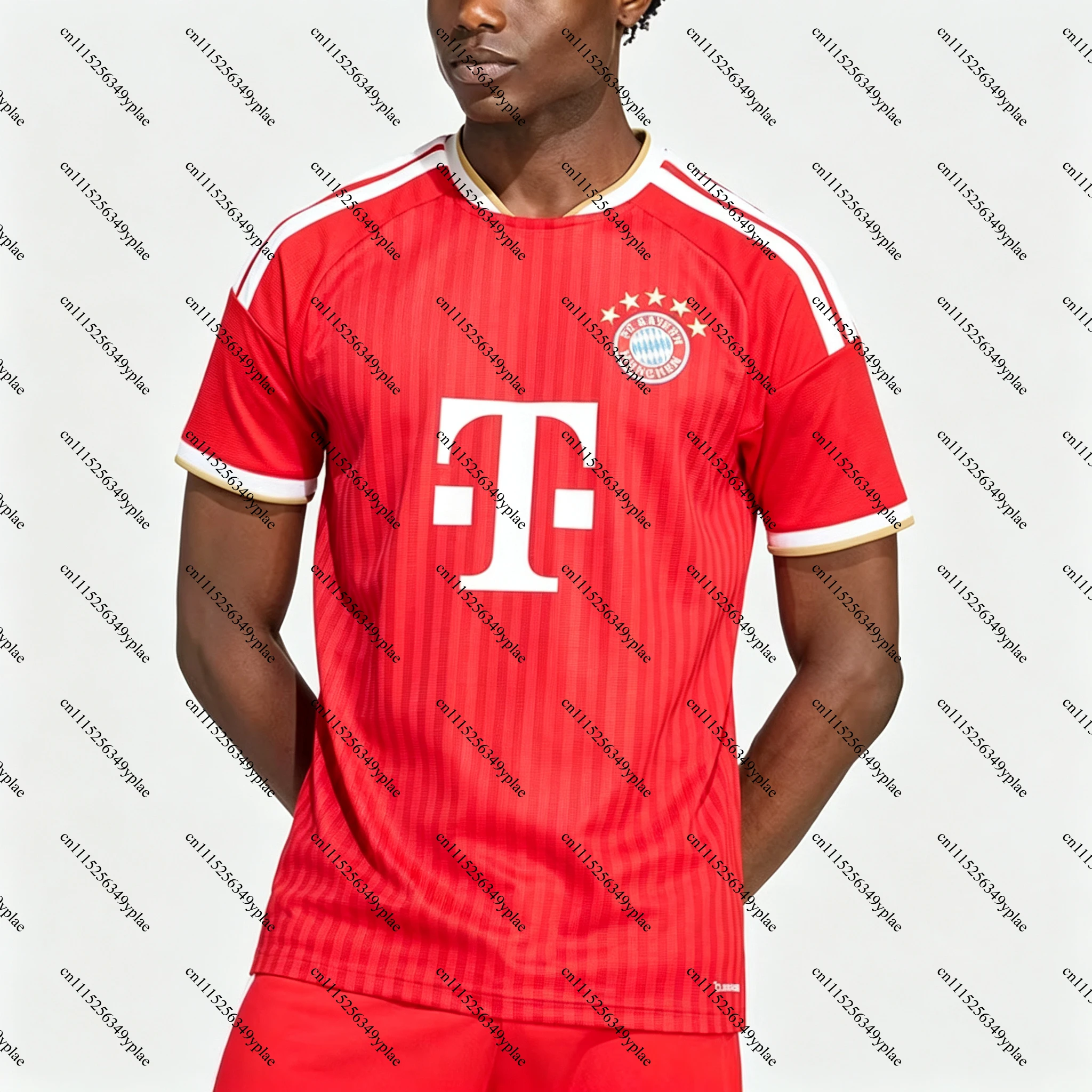Men's FC Bayern Munich Soccer Jersey V Neck Short Sleeve Red Striped Football Shirt Breathable Sports Training Uniform