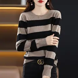 2024 Autumn Winter New Striped Knitted Sweater Women Spring Summer Thin Fit Pullover Round Neck Sweater Loose Slim Base Shirt