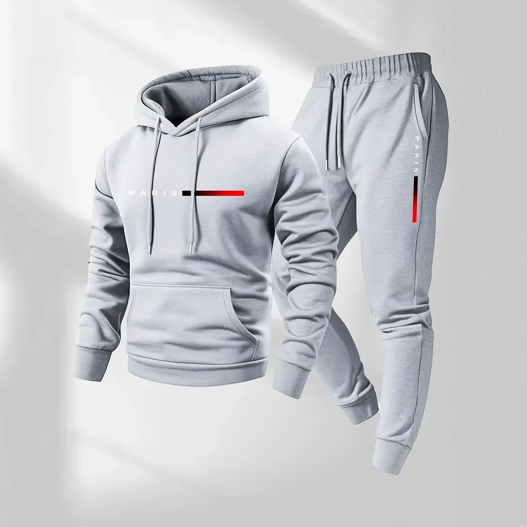 

Casual fashionable warm men's sportswear hooded pullover with drawstring. Winter thick polyester fiber. Paris letter print set.