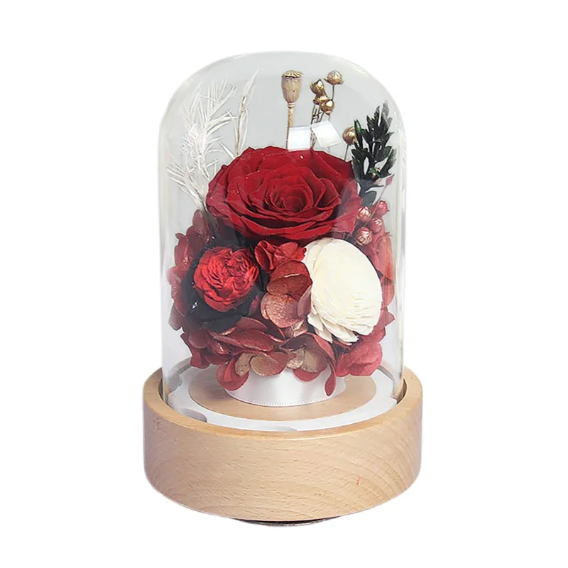 Preserved Roses Music Box Sweet Preserved Flowers Music Box For Mothers Day Decor Gift Glass Cover Red