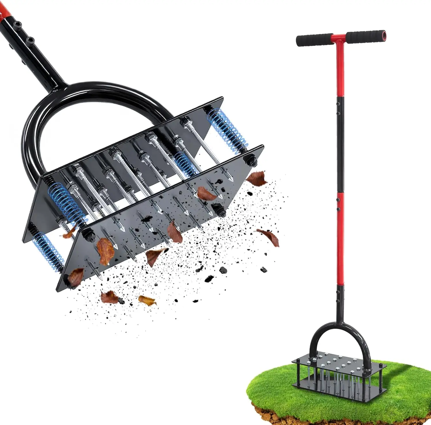 

Инструмент для аэрации газона, 16 железных шипов, ручной аэратор для травы с пружинным механизмом и регулируемой Т-образной ручкой, автоматическое удаление листьев
