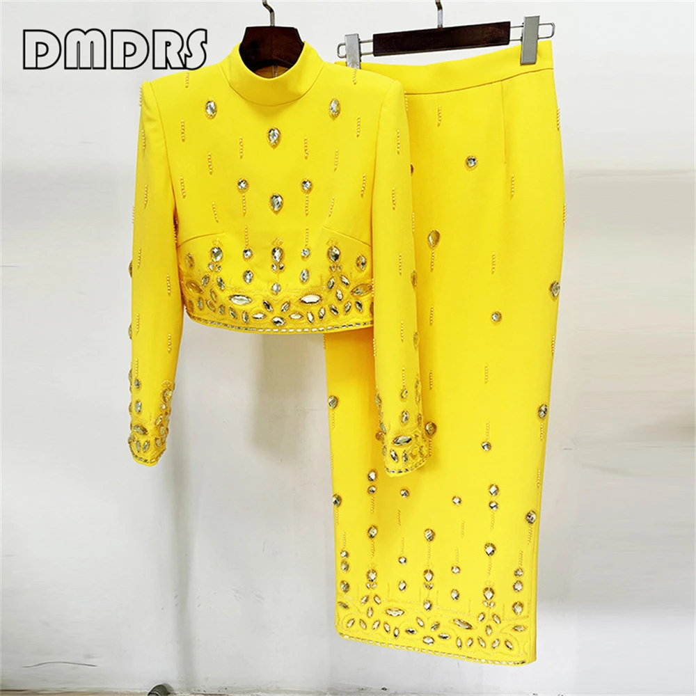 2 Pieces Formal Prom Dress Jacket With Mini Skirt Pearls High Neck Formal Outfit Luxury Yellow Crystals Suit Set,