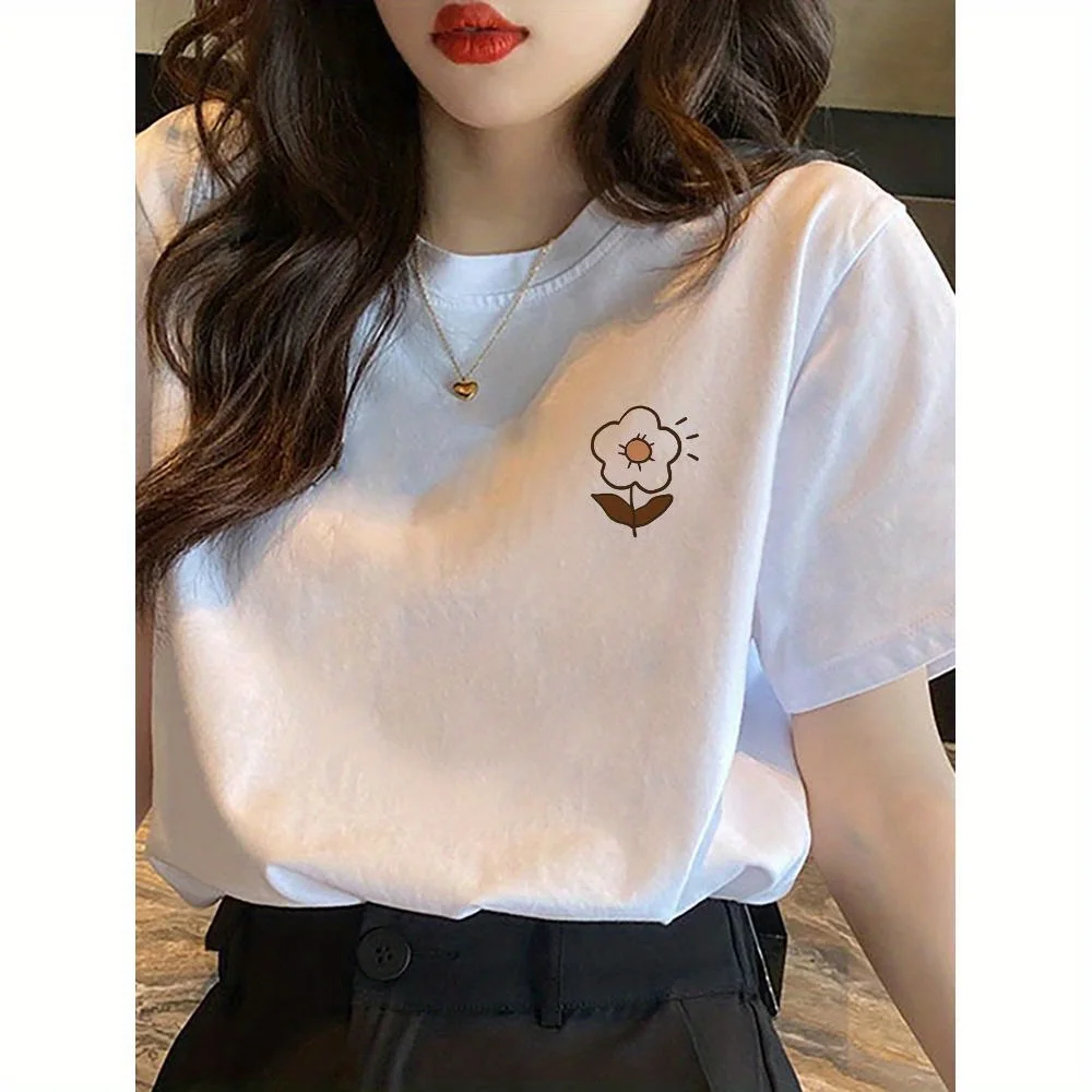 

Women'S Cute White T-Shirt, Floral Design- Casual Short Sleeve, Loose Fit, Summer Top, Suitable for Women'S Daily Wear| Floral