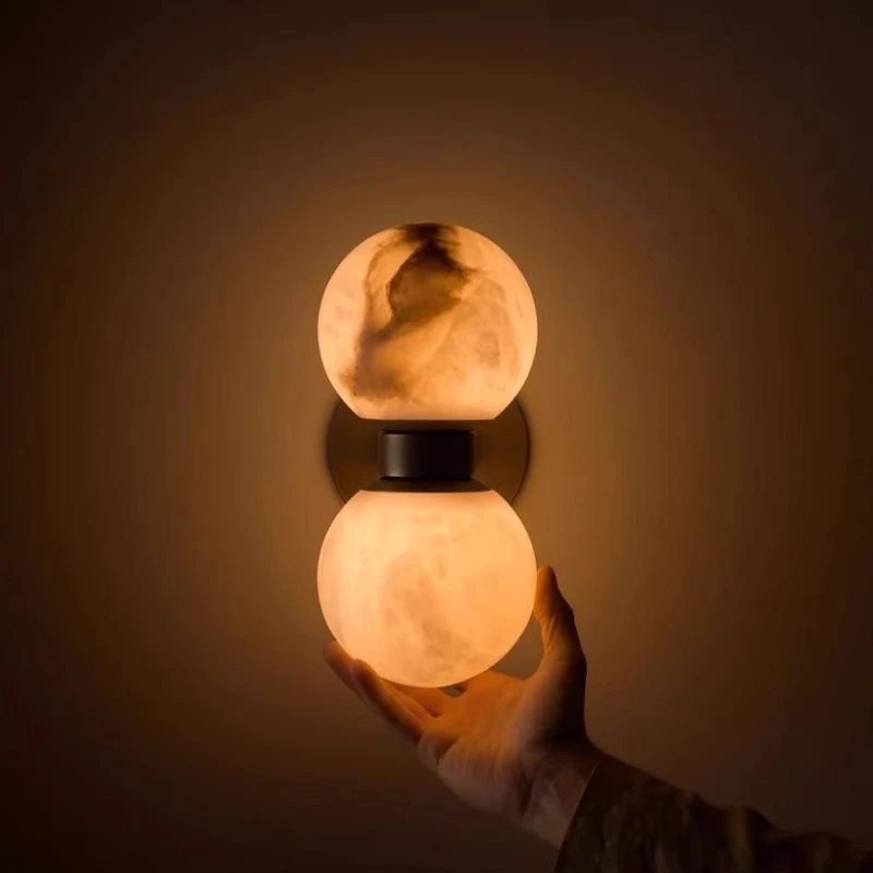 

Spanish Marble Round Ball Pure Copper Wall Lamps Bedroom Villa Corridor Hotel Room Decor Wabi Sabi Style LED Sconces Luminaires