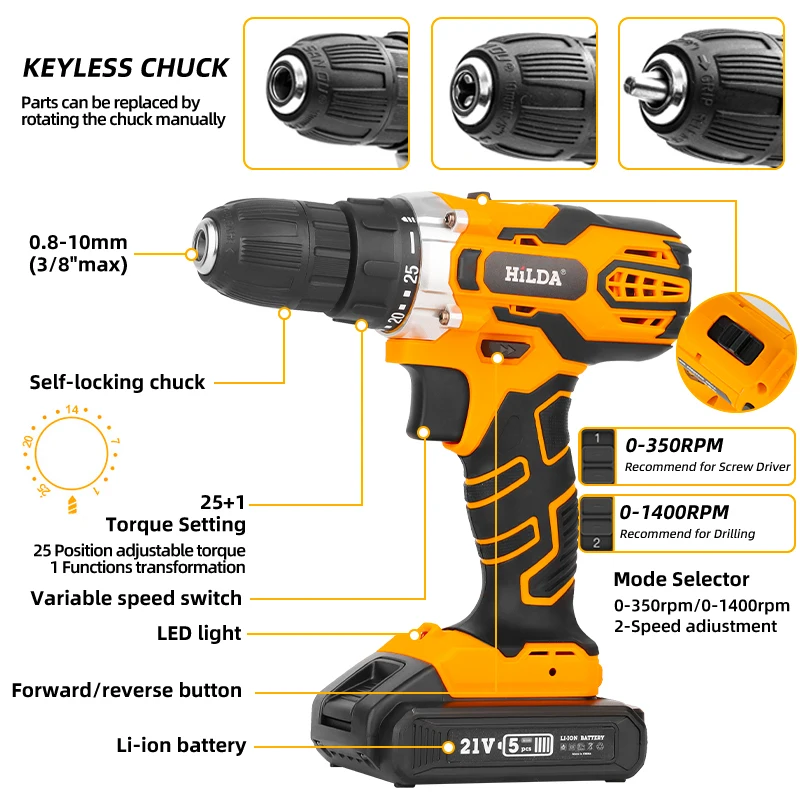 Hilda 21v furadeira sem fio com bateria 25 + 1 torque furadeiras elétricas sem chave 3/8 "destornillador de furadeira sem fio